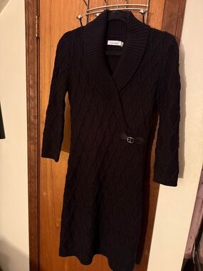 Calvin Klein Black Cable-Knit Shawl-Collar Sweater Dress with Side Buckle